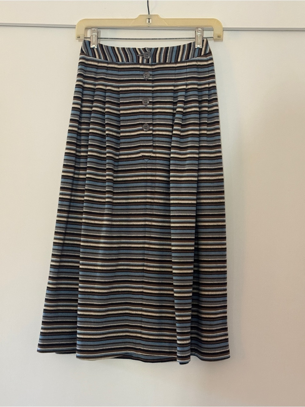 Vintage 70s Cacharel Wool Blue & Black Striped Button-Front A-Line Midi Skirt XS